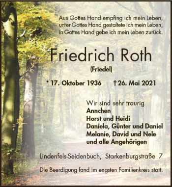 Traueranzeige von Friedrich Roth von vrm-trauer