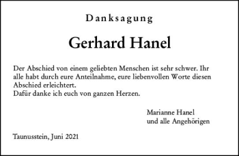 Traueranzeige von Gerhard Hanel von vrm-trauer