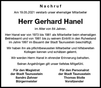 Traueranzeige von Gerhard Hanel von vrm-trauer