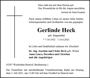 Traueranzeige von Gerlinde Heck von vrm-trauer