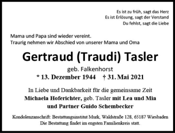 Traueranzeige von Gertraud Tasler von vrm-trauer