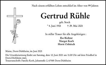 Traueranzeige von Gertrud Rühle von vrm-trauer