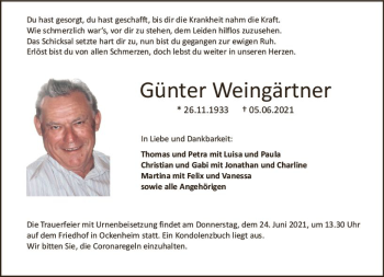 Traueranzeige von Günter Weingärtner von vrm-trauer