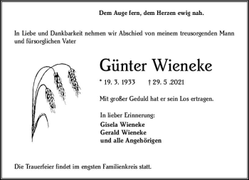 Traueranzeige von Günter Wieneke von vrm-trauer