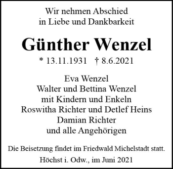 Traueranzeige von Günther Wenzel von vrm-trauer