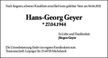Traueranzeige von Hans-Georg Geyer von vrm-trauer