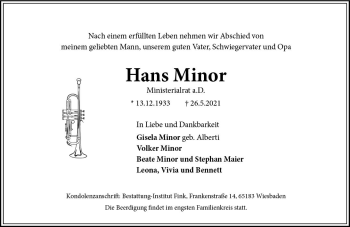 Traueranzeige von Hans Minor von vrm-trauer