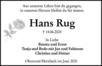 Traueranzeige von Hans Rug von vrm-trauer