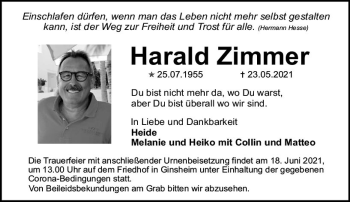 Traueranzeige von Harald Zimmer von vrm-trauer