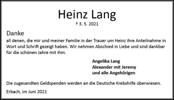 Traueranzeige von Heinz Lang von vrm-trauer