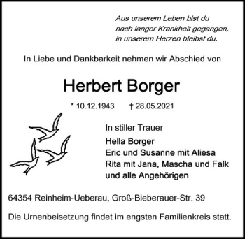 Traueranzeige von Herbert Borger von vrm-trauer