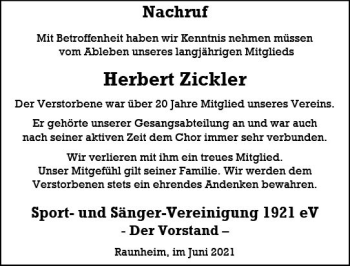Traueranzeige von Herbert Zickler von vrm-trauer