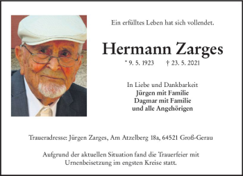Traueranzeige von Hermann Zarges von vrm-trauer