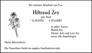 Traueranzeige von Hiltraud Zey von vrm-trauer