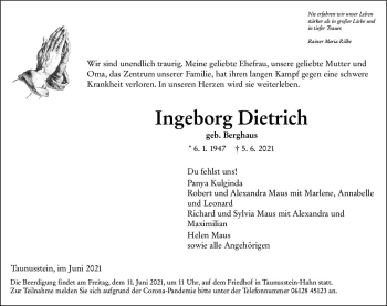 Traueranzeige von Ingeborg Dietrich von vrm-trauer