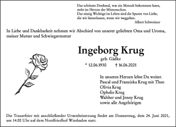 Traueranzeige von Ingeborg Krug von vrm-trauer
