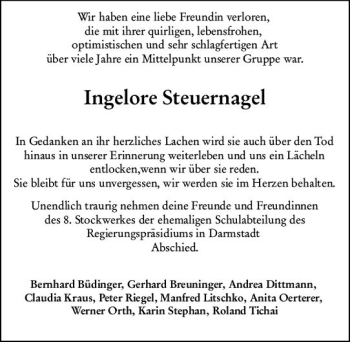 Traueranzeige von Ingelore Steuernagel von vrm-trauer