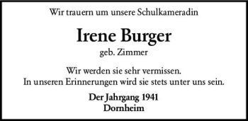 Traueranzeige von Irene Burger von vrm-trauer