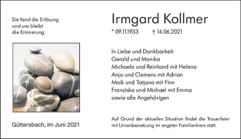 Traueranzeige von Irmgard Kollmer von vrm-trauer