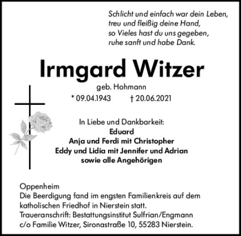 Traueranzeige von Irmgard Witzer von vrm-trauer