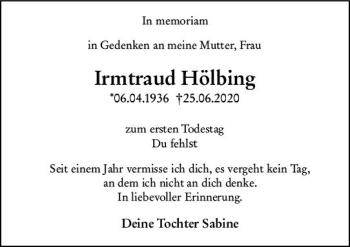Traueranzeige von Irmtraud Hölbing von vrm-trauer