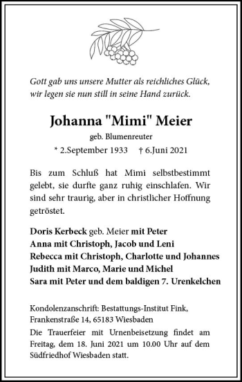 Traueranzeige von Johanna Meier von vrm-trauer