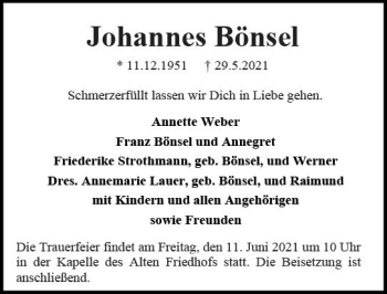 Traueranzeige von Johannes Bönsel von vrm-trauer