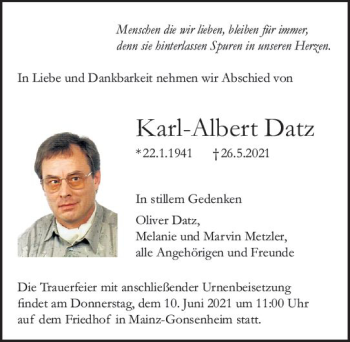 Traueranzeige von Karl-Albert Datz von vrm-trauer