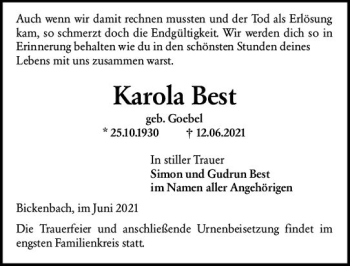 Traueranzeige von Karola Best von vrm-trauer
