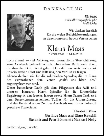 Traueranzeige von Klaus Maas von vrm-trauer