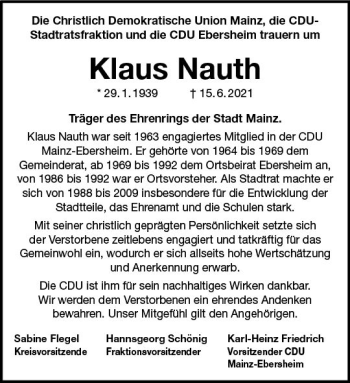 Traueranzeige von Klaus Nauth von vrm-trauer