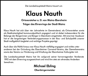 Traueranzeige von Klaus Nauth von vrm-trauer