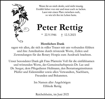 Traueranzeige von Peter Rettig von vrm-trauer