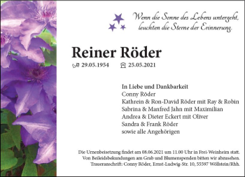 Traueranzeige von Reiner Röder von vrm-trauer
