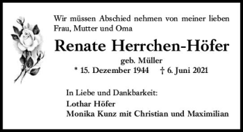 Traueranzeige von Renate Herrchen-Höfer von vrm-trauer