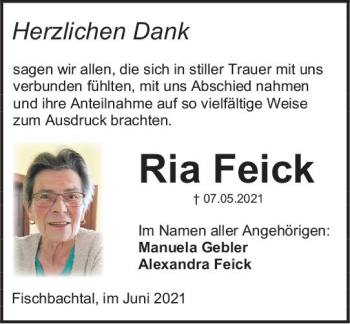 Traueranzeige von Ria Feick von vrm-trauer