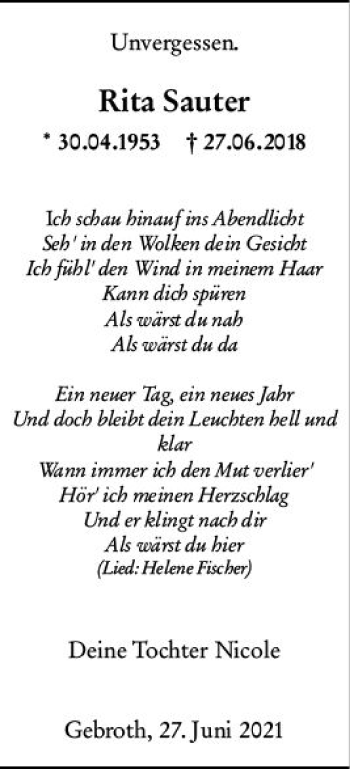 Traueranzeige von Rita Sauter von vrm-trauer