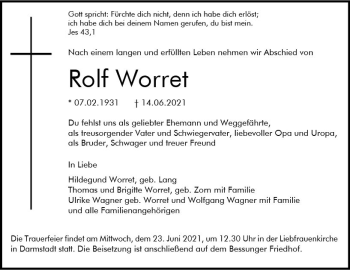 Traueranzeige von Rolf Worret von vrm-trauer