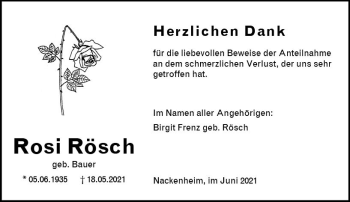 Traueranzeige von Rosi Rösch von vrm-trauer
