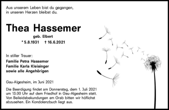 Traueranzeige von Thea Hassemer von vrm-trauer