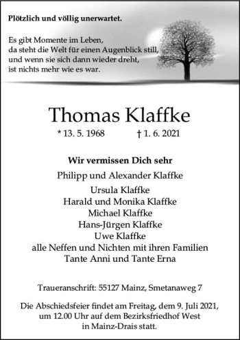 Traueranzeige von Thomas Klaffke von vrm-trauer