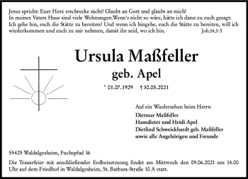 Traueranzeige von Ursula Maßfeller von vrm-trauer