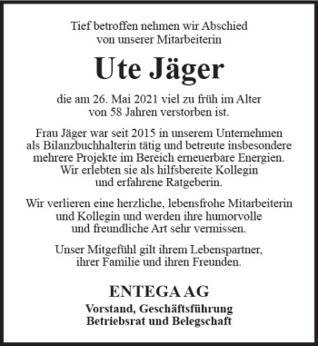Traueranzeige von Ute Jäger von vrm-trauer