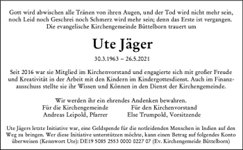 Traueranzeige von Ute Jäger von vrm-trauer