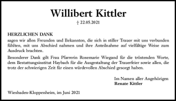 Traueranzeige von Willibert Kittler von vrm-trauer