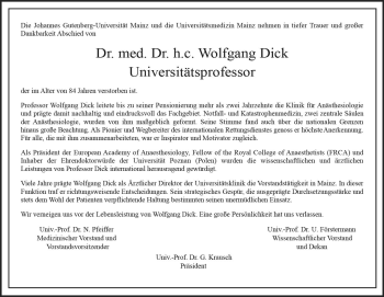 Traueranzeige von Wolfgang Dick von vrm-trauer