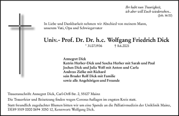 Traueranzeige von Wolfgang Friedrich Dick von vrm-trauer
