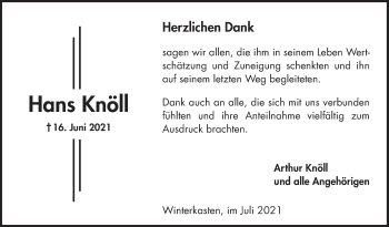 Traueranzeige von Hans Knöll von VRM Tageszeitungen