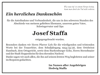 Traueranzeige von Josef Staffa 