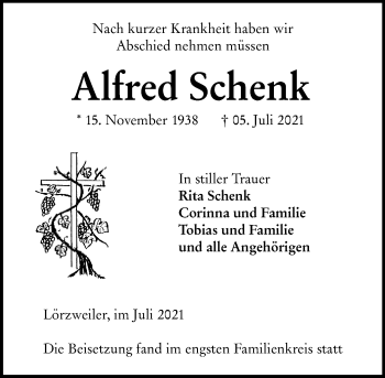 Traueranzeige von Alfred Schenk von vrm-trauer